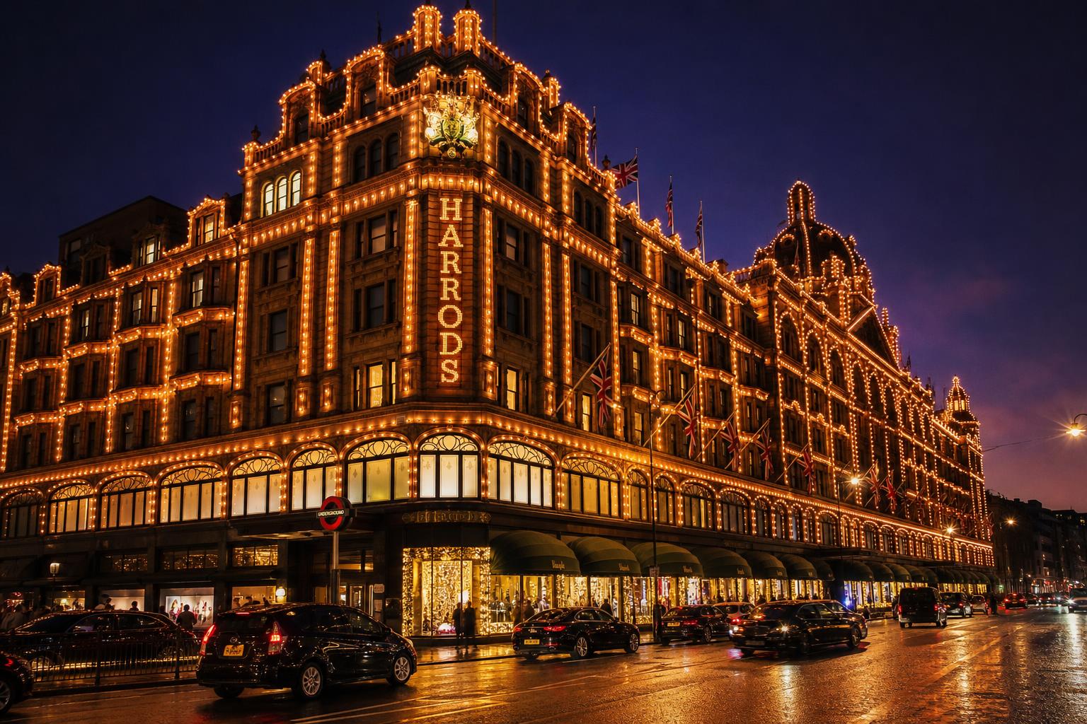 Harrods Knightsbridge illuminated at twilight