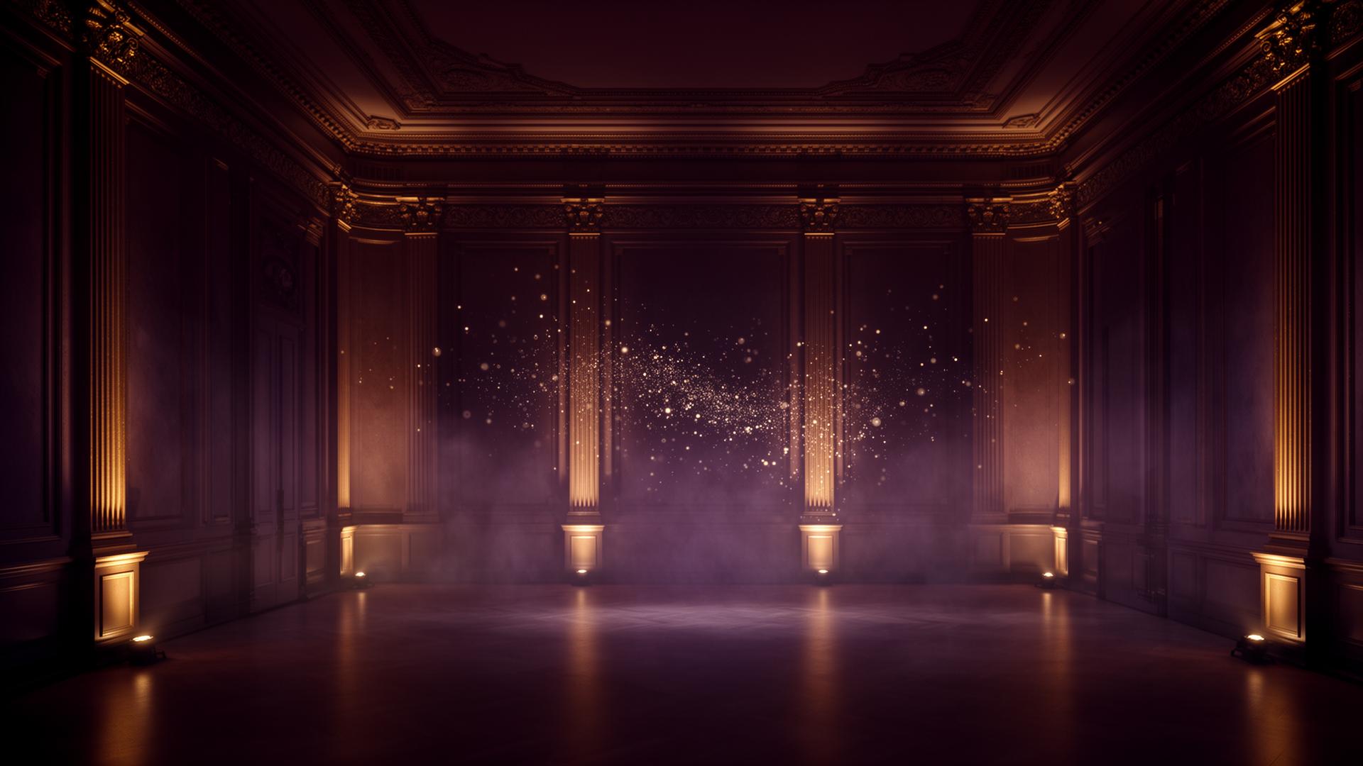 Empty Knightsbridge ballroom at dusk with champagne uplighting